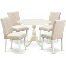 East West Furniture Dublin DMAB5-LWH-02 5-teiliges Set für 4 Personen enthält einen runden Küchentisch mit Dropleaf und 4 hellbeigefarbenen Parson-Esszimmerstühlen aus Leinenstoff, 106 x 107 cm