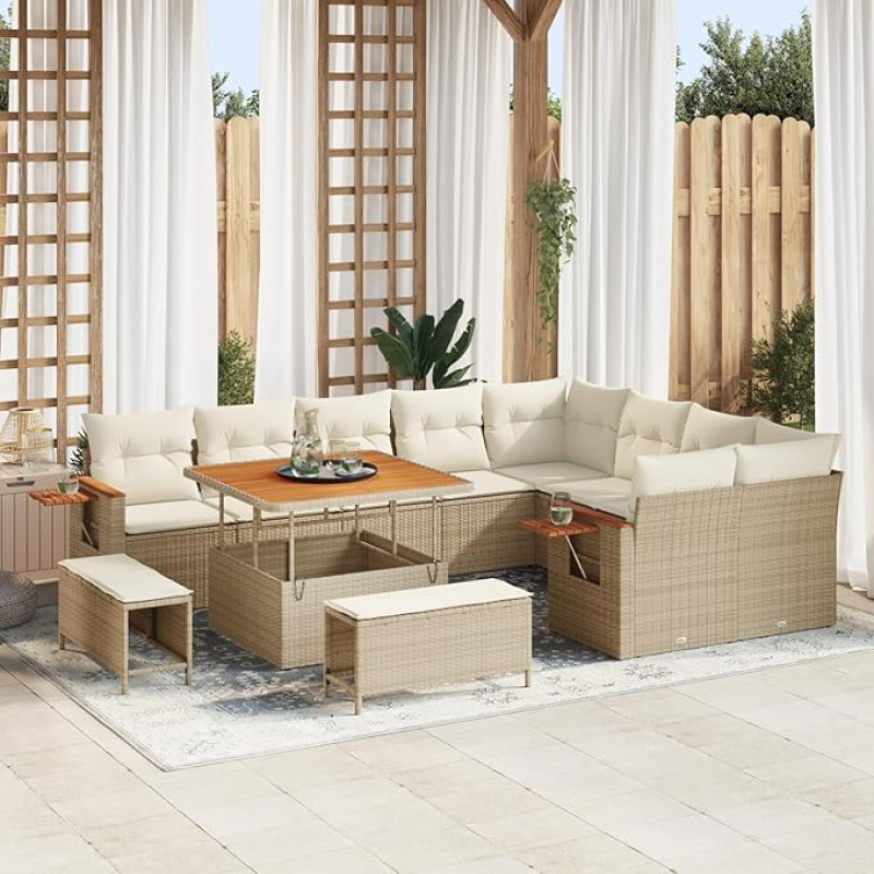 Rantry 12-teiliges Garten Sofa Set mit Kissen Beige Poly Rattan Akazie Gartenlounge Model3365156