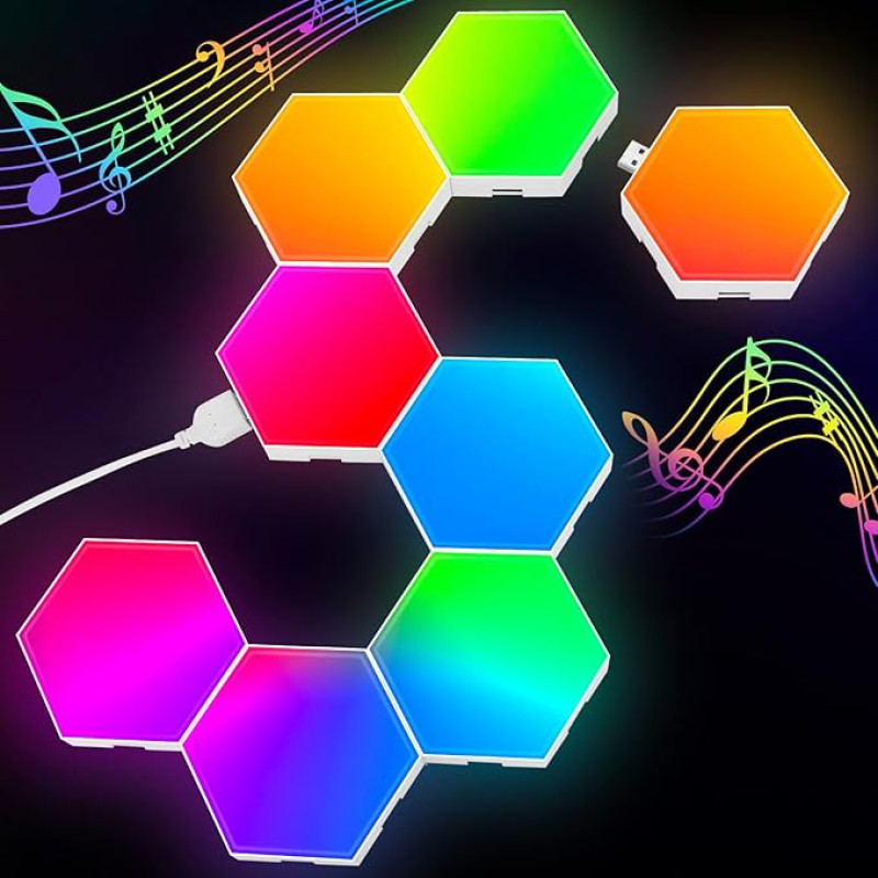 Kuusnurkne LED-paneel - RGB Smart Lights Hexagon Wall Lights Gaming Wall Light Music Sync - 8 Pack Light Panels Gaming Mood Lights Dekoratsioon
