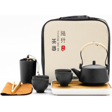 fanquare Japanese Portable Travel Tea Set with Travel Bag, Black Porcelain Tea Service with Teapot, Mini Chinese Tea Set for Adults, Gifts Men
