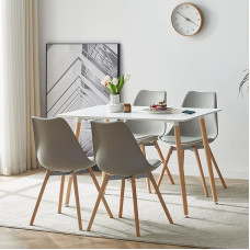 LafeuR Dining Room Group Dining Table with 4 Chairs, Rectangular Kitchen Table Set, Dining Set for Kitchen, Dining Room and Living Room (White Table + 4 Grey Dining Chairs)