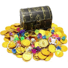 Pirate Treasure Chest for Kids Antique Design with Lock for Party Supplies Props Decoration/Kids Storage Treasure Chest with (Plastic Gold Coins + Gems + Earrings + Rings + Necklace)