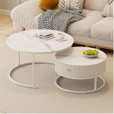 Nesting Round Coffee Tables with Storage Drawers, Small Multifunctional Low Tables for Living Room, Set of 2, Perfect for Small Spaces and Rentals