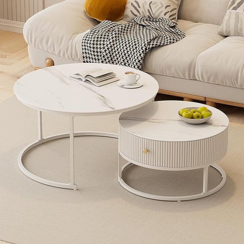 Nesting Round Coffee Tables with Storage Drawers, Small Multifunctional Low Tables for Living Room, Set of 2, Perfect for Small Spaces and Rentals