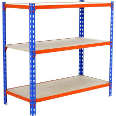 Simon Rack Simonclick Heavy-Duty Shelving, 1000 x 1000 x 300 mm, Maximum Load 150 kg, 3 Adjustable Shelves, MDF Panels, Cellar Shelf, Storage Shelf, Blue/Orange/Wood