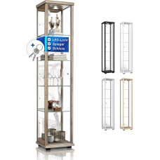 K-Möbel Collector's Display Cabinet (176 x 37 x 33 cm) - Made in Germany - Sonoma Oak Display Cabinet with 4 Height-Adjustable Glass Shelves, Mirror, Lock & LED - Standing Glass Display Cabinet