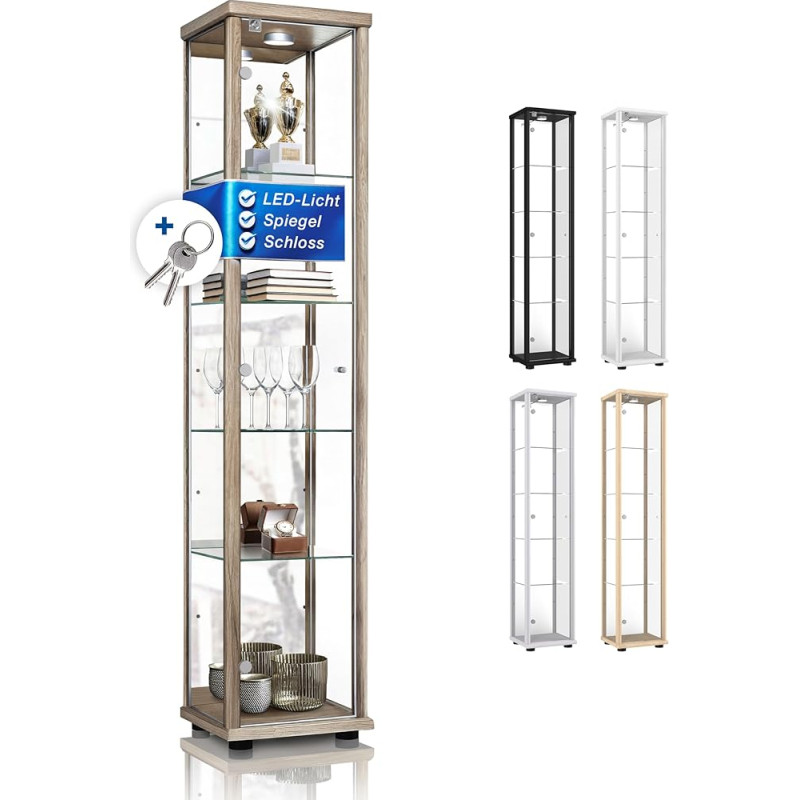 K-Möbel Collector's Display Cabinet (176 x 37 x 33 cm) - Made in Germany - Sonoma Oak Display Cabinet with 4 Height-Adjustable Glass Shelves, Mirror, Lock & LED - Standing Glass Display Cabinet