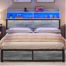 YITAHOME LED Bed Frame with Headboard, USB Ports and Charging Outputs, Metal Platform Bed Frame with 2 Shelves, No Mattress Required, Brown, 200 x 180 cm