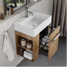 BRIDGE BENO 50cm Bathroom Cabinet With Ceramic Basin, Soft Close Drawer, Towel Rail, Left/Right Option, European Oak