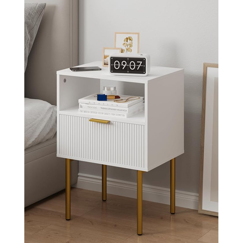 JERX Bedside Table, Modern Side Table with Drawer and Open Wooden Shelf, for Living Room, Bedroom and Small Spaces, Accent Bedside Table with Solid Wood Legs, Easy Assembly