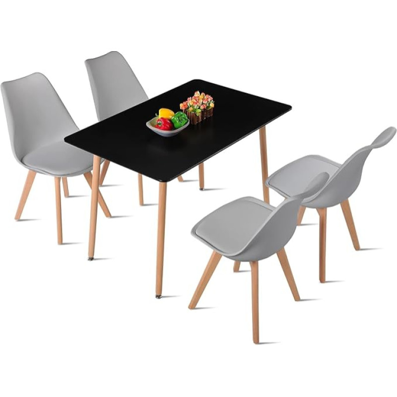EGGREE Rectangular Dining Set with 4 Chairs Kitchen Table Wooden Table | Black Table + 4 Grey Chairs