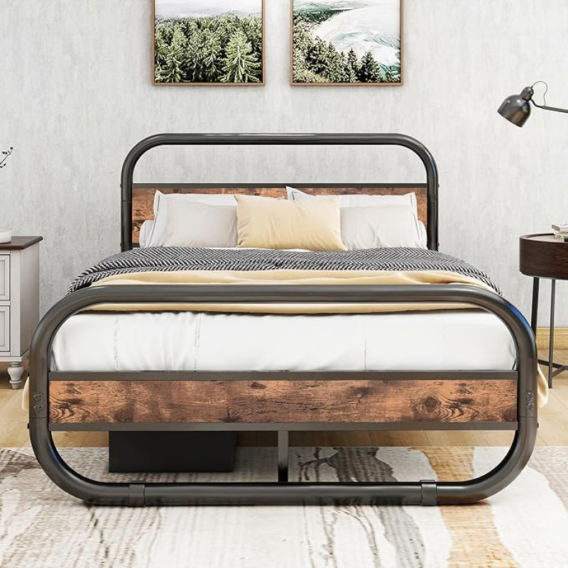HOMERECOMMEND King Size Bed Frame with Headboard Oval Platform Under Bed Storage Steel Slatted Mattress Base Base Round Tube Design Brown