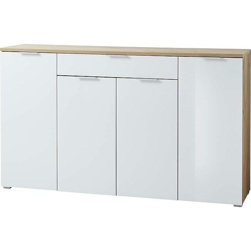 Paterna Sideboard/Chest of Drawers in Navarre Oak Replica / White, Glass Fronts with One Drawer and 4 Doors, 179 x 105 x 40 cm (W x H x D)