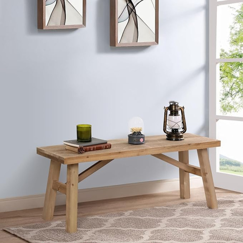 Sawmill Long Wooden Bench 43 Inch Farmhouse Entrance Bench for Living Room Dining Room Rustic Entrance Benches Bench Solid Wood Handmade Natural