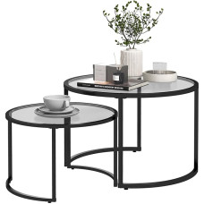 HOMCOM Coffee Table Set of 2, Side Table with Black Steel Frame, Sofa Table, Coffee Table with Tempered Glass Top, Partially Stackable, for Living Room, Bedroom