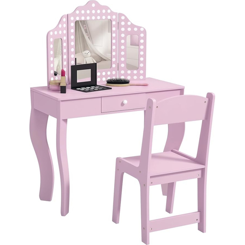 AIYAPLAY Kinder Schminktisch mit dreifachem Spiegel und Hocker, Kinder Schminktisch, Mädchen mit Schublade, für 3-8 Jahre alt - Pink