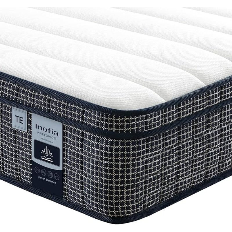 Inofia Tartan-E 7-Zone Pocket Spring Mattress 90 x 190 cm with HermoReg Cooling Gel - 28 cm Orthopaedic Mattress with Memory Foam, Oeko-Tex 100 Certified + 100 Nights Trial Sleep