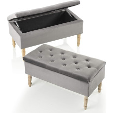 MONTEMAGGI Grey Velvet Footstool with Wooden Legs, 35 Litres, 80 x 39 x 40 cm