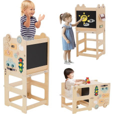 Learning Tower for Children, Foldable, Multifunctional Montessori Learning Tower with Safety Bar, Tipping Over Difficult for Kitchen Table, 3-in-1 Wooden Learning Chair