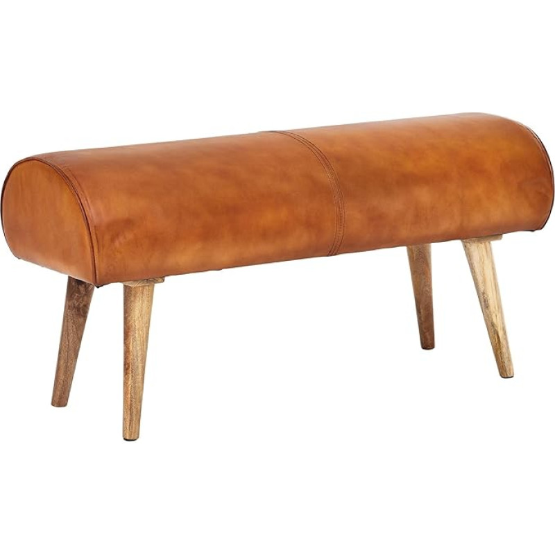 FineBuy Genuine Leather/Solid Wood Bench 100 x 53 x 40 cm, 2-Seater Upholstered Bench Hallway Springbok Brown, Small Bed Bench, Leather, Hallway Furniture