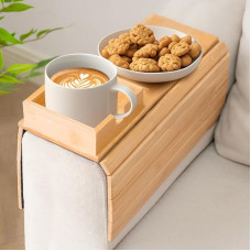 Bambus-Couch-Becherhalter, rutschfestes, multifunktionales Couch-Arm-Tablett, faltbar, Anti-fallende Sofa-Armlehne für Fernbedienung, Snacks, Getränke, Handy und iPad