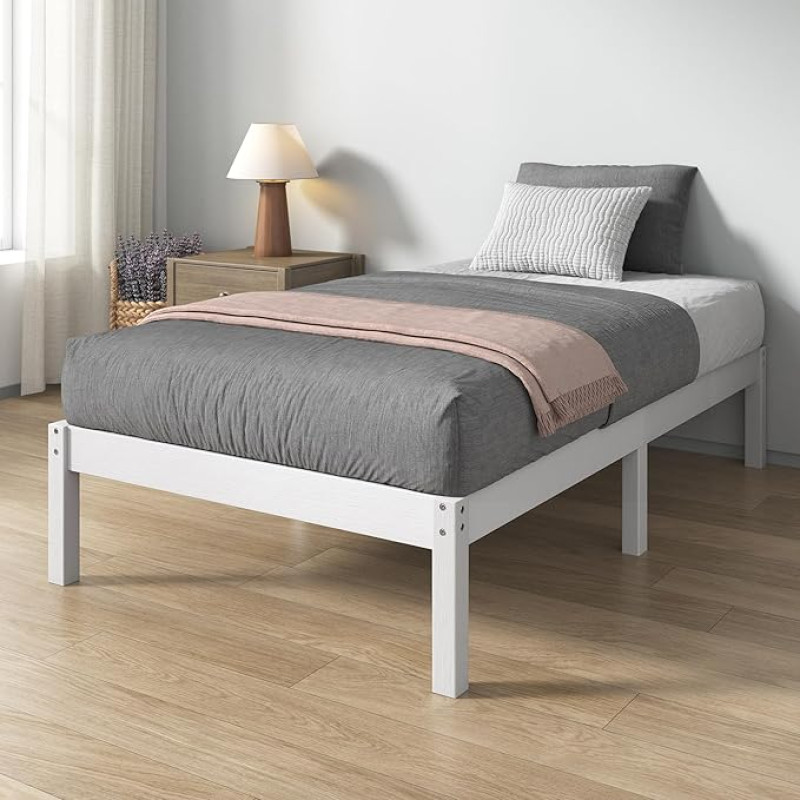 Zinus Ellie Bed 90 x 190 cm - Height 35 cm with Under Bed Storage - Bamboo Platform Bed Frame with Headboard - White