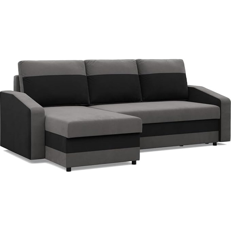 Mebligo - Orion Corner Sofa with Sleep Function and Bed Box, Universal Side Corner Sofa, L Shape (W x D x H) 231 x 140 x 85 cm, Couch Living Room, Corner Sofa, Grey + Black (Micro 27 + Micro 15)