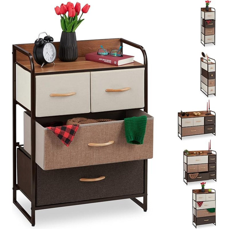 Relaxdays Fabric Drawer Cabinet with Steel Frame, 4 - 7 Drawers, Shelf & Folding Baskets, Various Designs, Brown