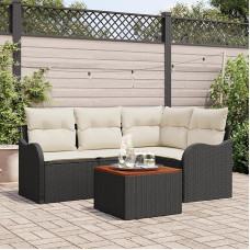 Rantry 5-teiliges Garten Sofa Set mit Kissen in Schwarz, Poly Rattan und Akazie, 2-Sitzer Garten Sofa mit Stauraum & Kissen in Schwarz, Poly Rattan Gartenlounge Model3356115