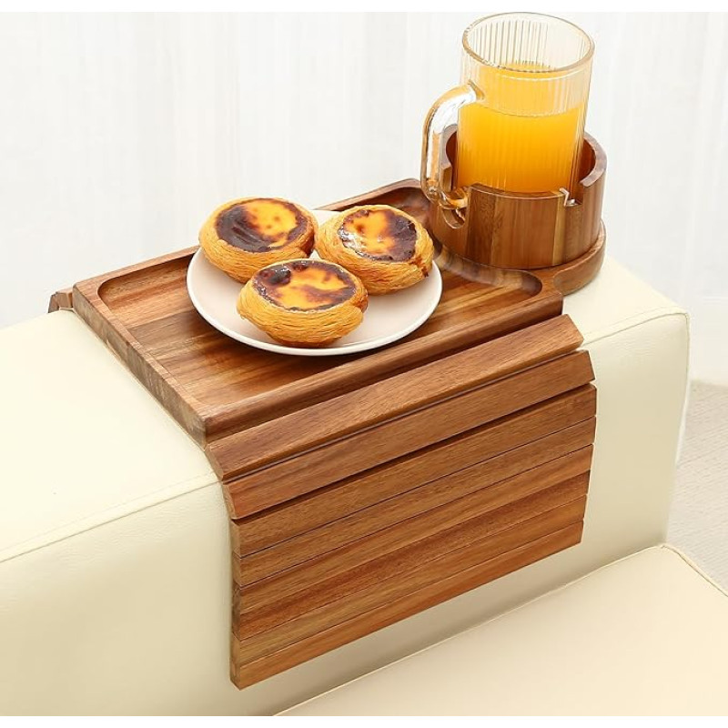 Bambootray Couch Cup Holder Acacia Wood Couch Armrest Table with 360 Rated Phone Holder 19 Inch Floatable Non-Slip Sofa Armrest Tray Tables for Snacks Drinks Remote Storage