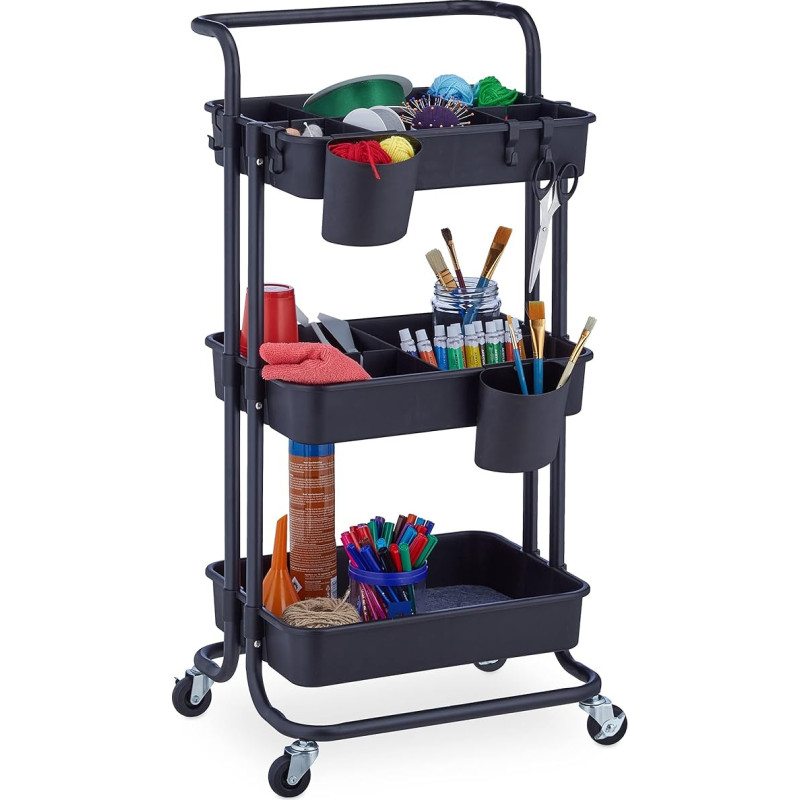 Relaxdays Rolling Trolley, 3 Levels, 2 Brakes, Multi-Purpose Trolley for Kitchen and Office, Rolling Shelf HBT: 86 x 43 x 42 cm, Metal, Black