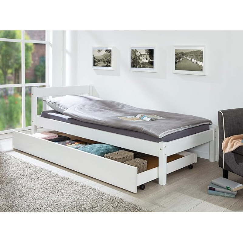 Inter Link Umea Bed Drawer - Bed Box - Bed Drawer on Wheels - Extendable Drawer - Solid Pine Wood - White - Dimensions in cm: Length 199 x Width 94 x Height 22 cm