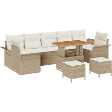 Homgoday 10-Piece Garden Sofa Set with Cushions Beige Poly Rattan Acacia, 2-Seater Garden Sofa with Storage Space and Cushion Beige Poly Rattan, 3-Piece Garden Dining Room Set with Cushion Beige Poly