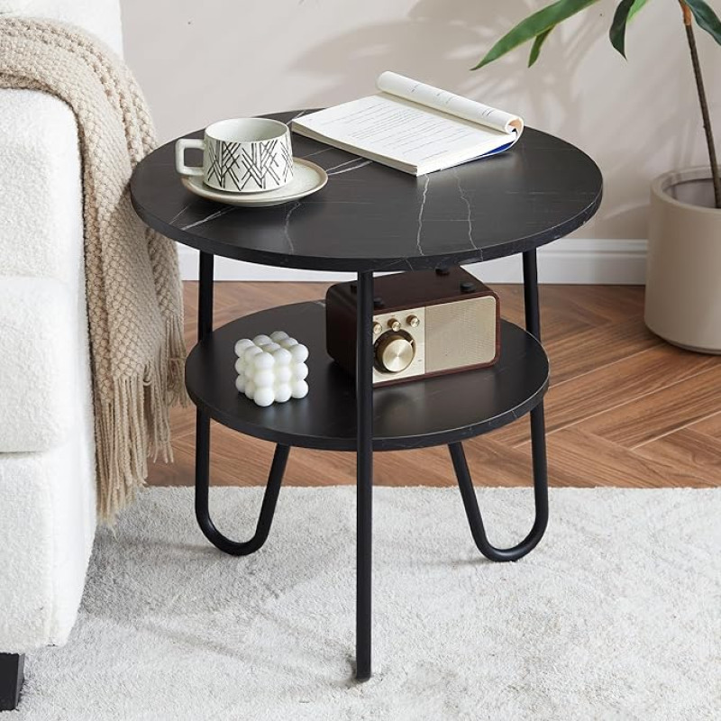 Mingone Coffee Table Round Side Table 2 Shelves Sofa Table Modern with Storage Space Small Table for Living Room Bedroom Balcony Black