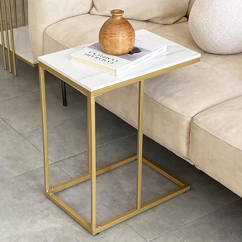 FATIVO Side Table Small White Metal: Scandinavian Marble Side Table Sofa Table Narrow with Gold Metal Frame for Living Room Bedroom 45 x 30 x 54 cm