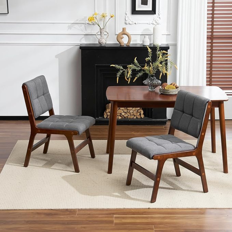 Ckaff Dining Room Chairs, Set of 2, Wooden Kitchen Chairs, Dining Room, Living Room, Upholstered Chair, Armrest Chair with Backrest for Dining Room, Kitchen, Living Room, Linen, Dark Grey