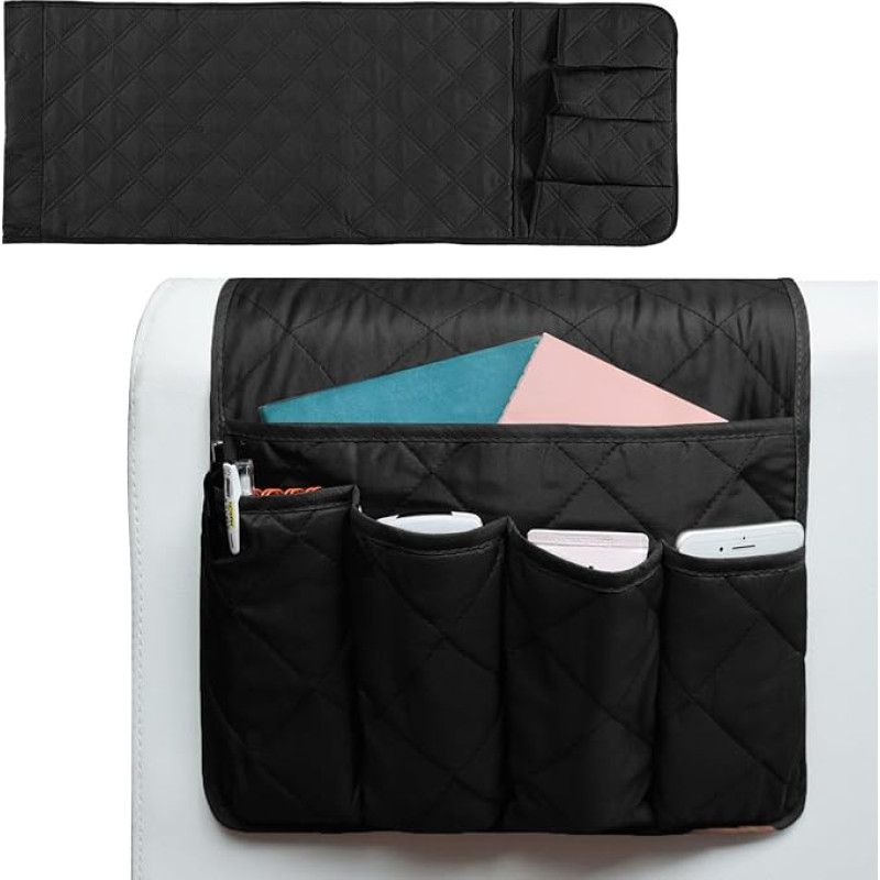 UESDU Armchair Organiser, Sofa Armrest Organizer with 5 Pockets, Non-Slip Cotton Chair Caddy for Tablet, Phone, Pad, Books, Magazines (Black)