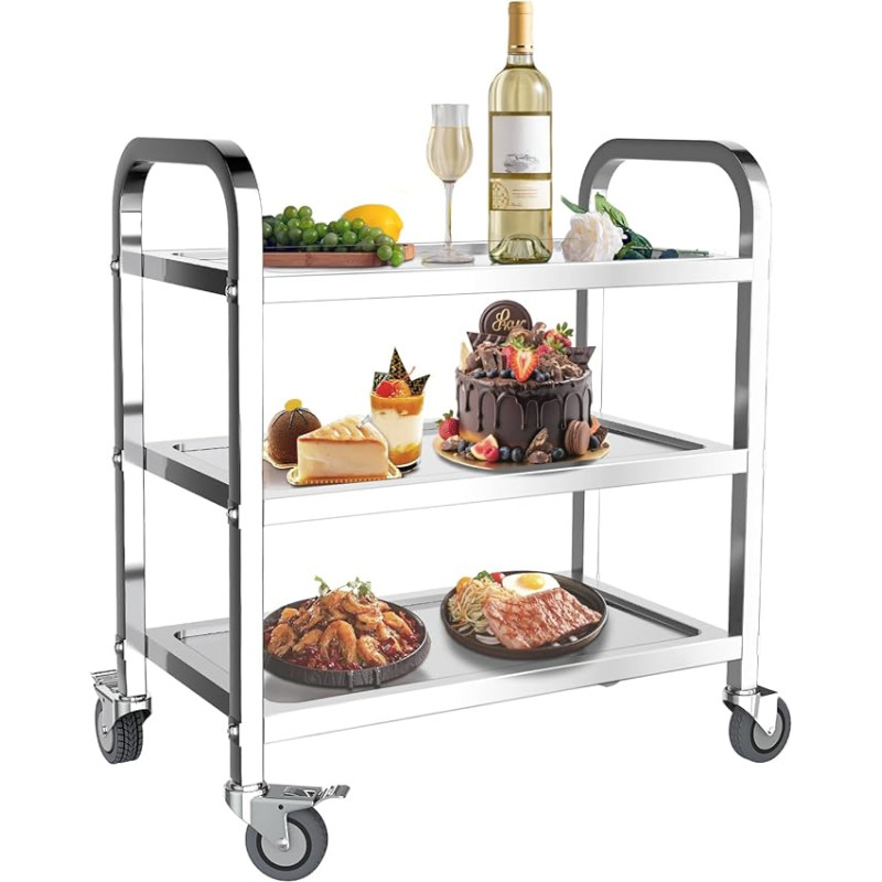 T-CAT 3 Tier Kitchen Trolley Stainless Steel Large Serving Trolley with Locking Wheels for Kitchen, Hotels, Restaurants, 75 x 40 x 83.5 cm