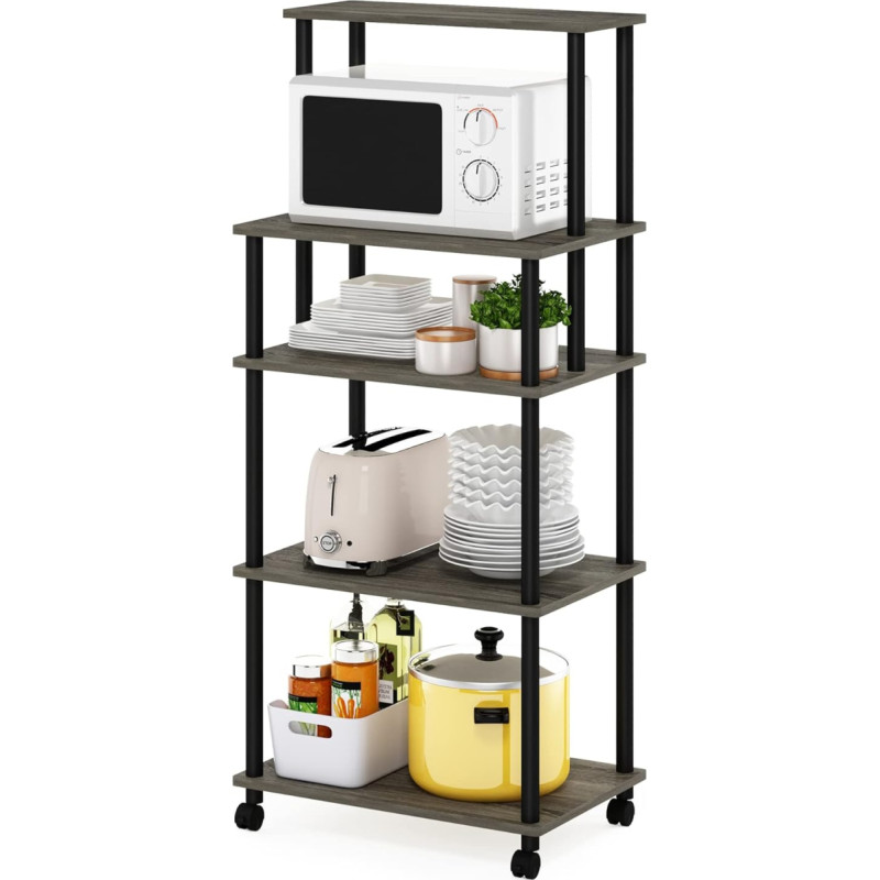Furinno Turn-N-Tube 5-Tier Toolless Kitchen Storage Trolley, French Oak, Grey / Black