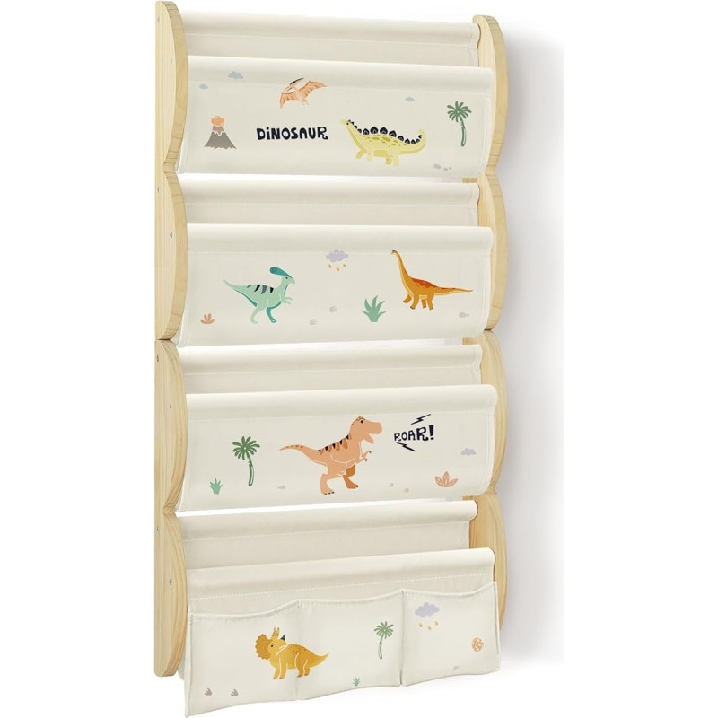 wooshwa Montessori Children's Wall Bookcase with 4 Shelves and 3 Pockets Children's Shelf Wall Shelf Children's Room Shelf Wavy Solid Wood (Dinosaur)