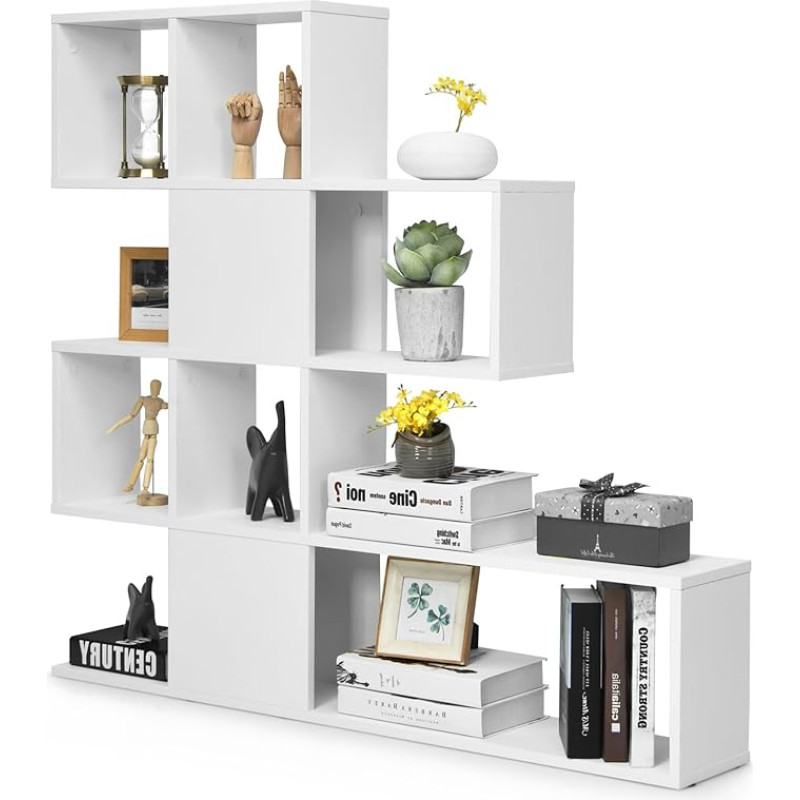 HOMASIS Bookcase with 4 Levels, Room Divider Shelf with 10 Cubes, Open Step Shelf, Wooden Stair Shelf, Modern Standing Shelf, Organiser Cube Shelf for Living Room, Bedroom, Office (White)