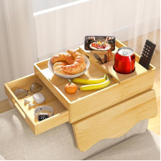 Couch Cup Holder, 7 in 1 Couch Arm Tray, Sofa Clip On Side Table with Push Pull Drawer to Organize and Store Small Items, 360° Rotating Phone Holder, Drinks Cups,