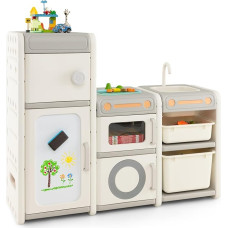 COSTWAY Children's Shelf with Boxes, Children's Room Shelf with 4 Cabinets, Sink Tap, Whiteboard Markers, Board Eraser, Bookcase for Children, Toy Shelf for Toy Storage (Dreamer)