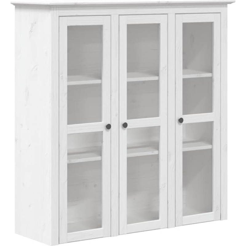 vidaXL Display Cabinet, Display Cabinet with Lots of Storage Space, Bookcase Cabinet with Glass Doors, Metal Handles, Sideboard Attachment, Living Room Cabinet, White Solid Pine Wood