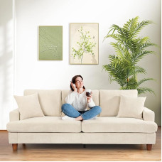 Domusensus 3-Seater Sofa Big, 221 cm Cord Sofa Living Room Tool-Free Assembly, Bedroom Sofas 53 cm Extra Deep Seats, Comfortable Couch with 2 Cushions, Modern Couch for Office, Big Sofa Couch, Beige