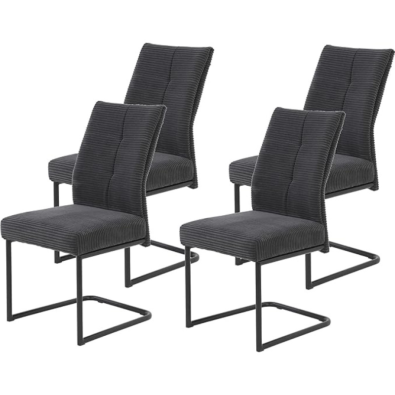 Hela Tische, Dagmar Set of 4 Dining Room Chairs, XL Chairs, Wide Corduroy Fabric, Anthracite, Metal Frame, Black Spring Basket, Handle, 140 kg Load Capacity