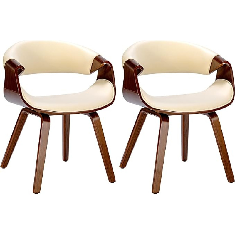 CLP Set of 2 Foley Dining Room Chairs with Faux Leather or Fabric Cover, Kitchen Chairs with Armrests and Wooden Frame, Colour: Walnut/Cream, Material: Faux Leather
