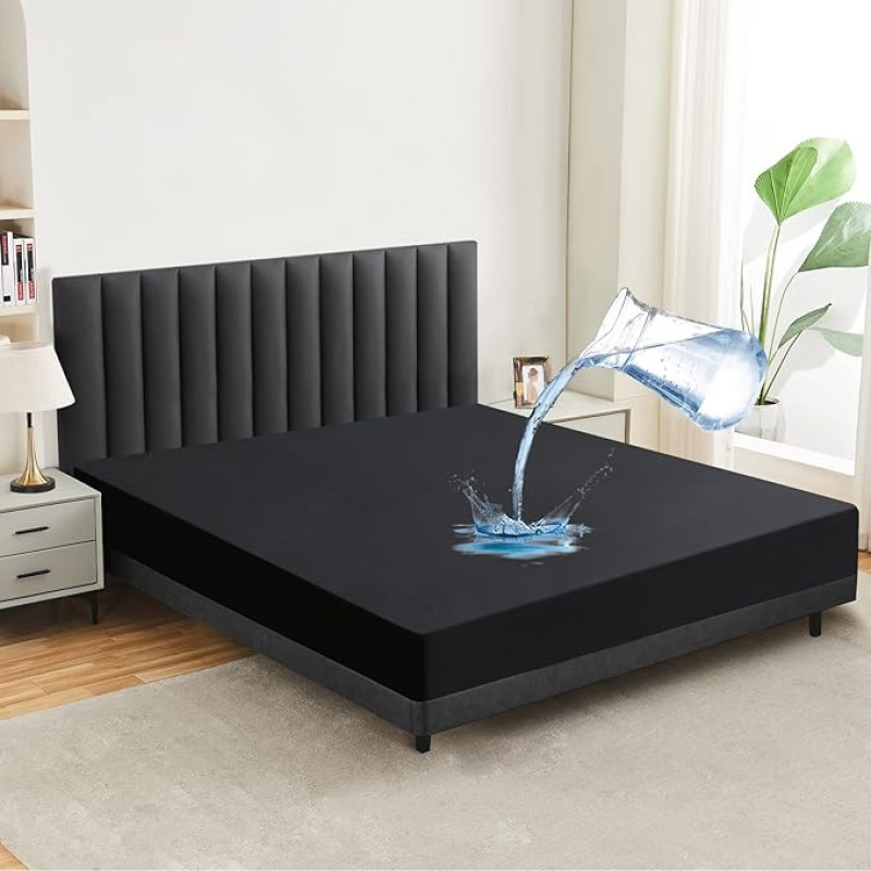 mafudoxi Waterproof Mattress Protector 180 x 200 cm Fitted Sheet, Breathable Mattress Topper Bed Sheet, High-Quality Fitted Sheets, Incontinence Underlay, Washable at 60°C, Black