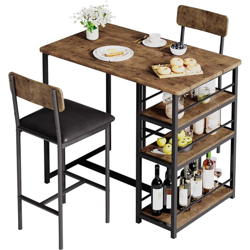 HAUSPROFI Bar Table Set 3-Piece Bar Table Dining Table with 2 Chairs Dining Set with Backrest Kitchen Table with 3 Shelves for Dining Room Kitchen