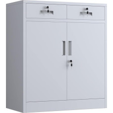JINGUR Metal Storage Cabinet with Lockable Doors and 2 Drawers, Lockable Storage Cabinets with Adjustable Shelf for Home Office and Garage (White)